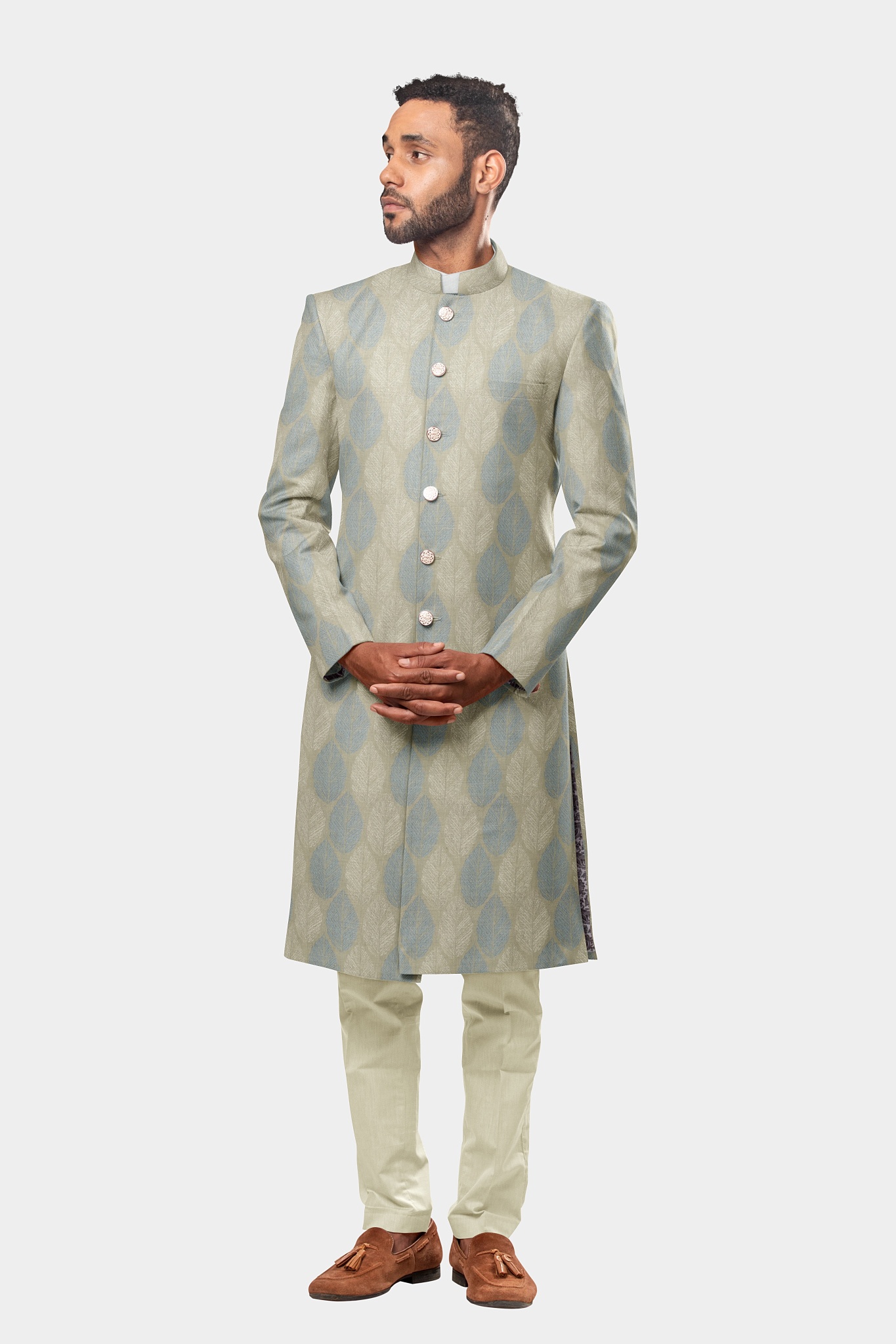 Creamy Sky with Blue and Gold Leaf Accents Sherwani 29JK